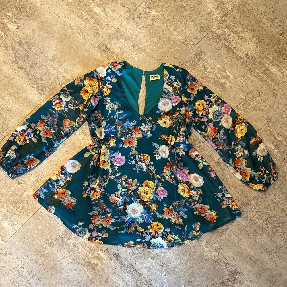 Show Me Your MuMu Teal Floral V-Neck Dress